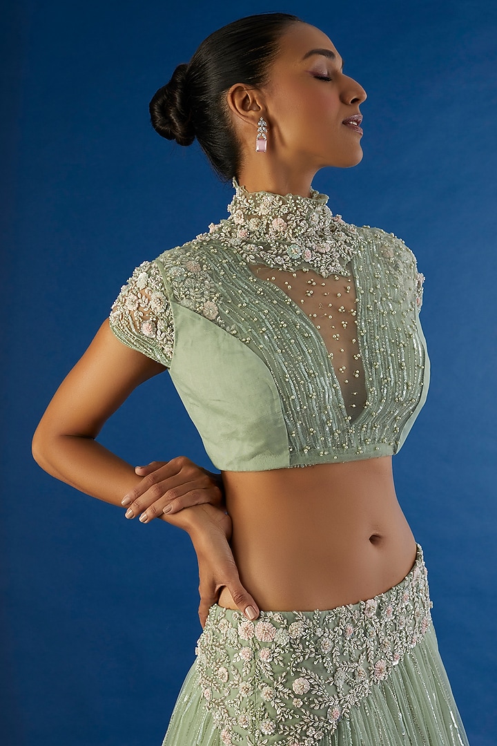 Mint Green Taiwan Net Gathered Wedding Lehenga Set by COUTURE BY NIHARIKA at Pernia's Pop Up Shop