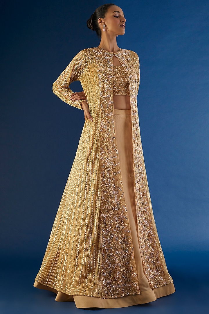 Gold Embroidered Long Jacket Set by COUTURE BY NIHARIKA