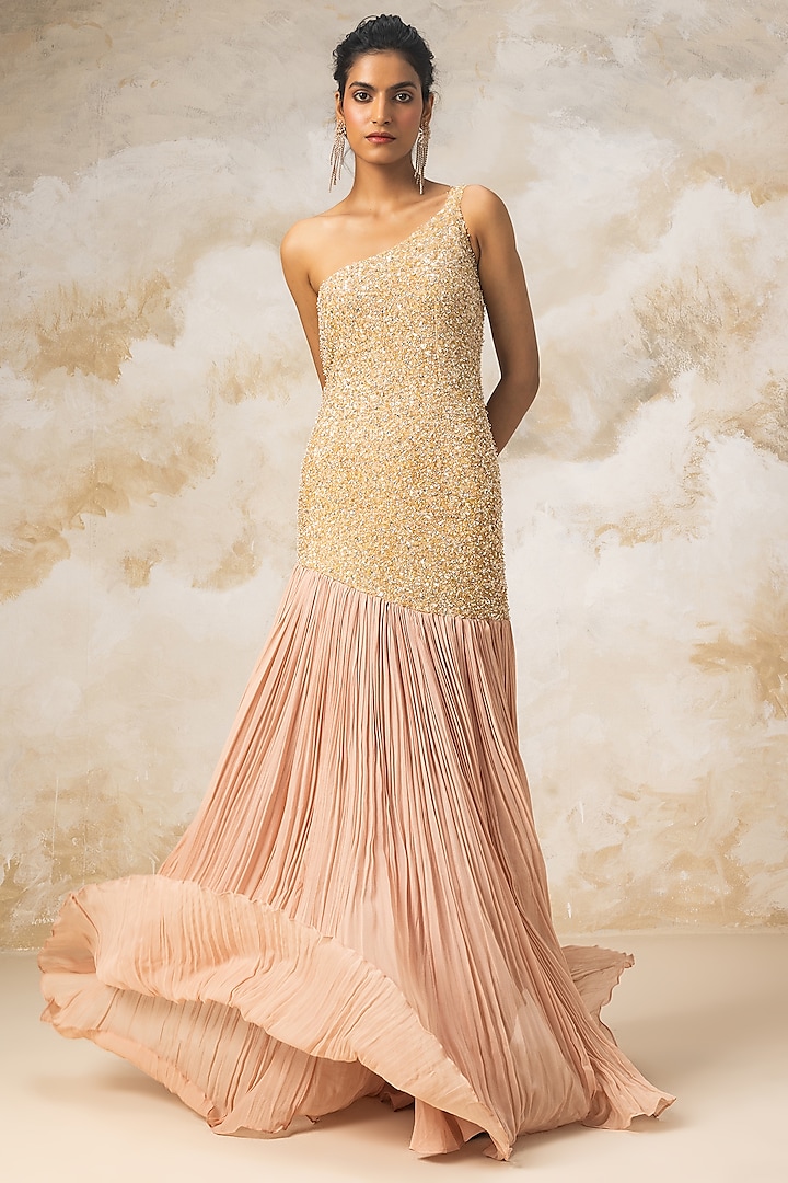 Peach Embroidered Gown by COUTURE BY NIHARIKA
