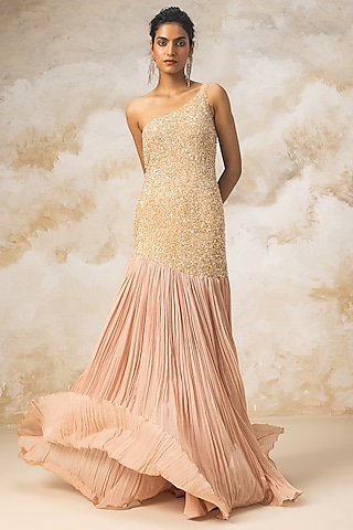 Peach Embroidered Gown by COUTURE BY NIHARIKA