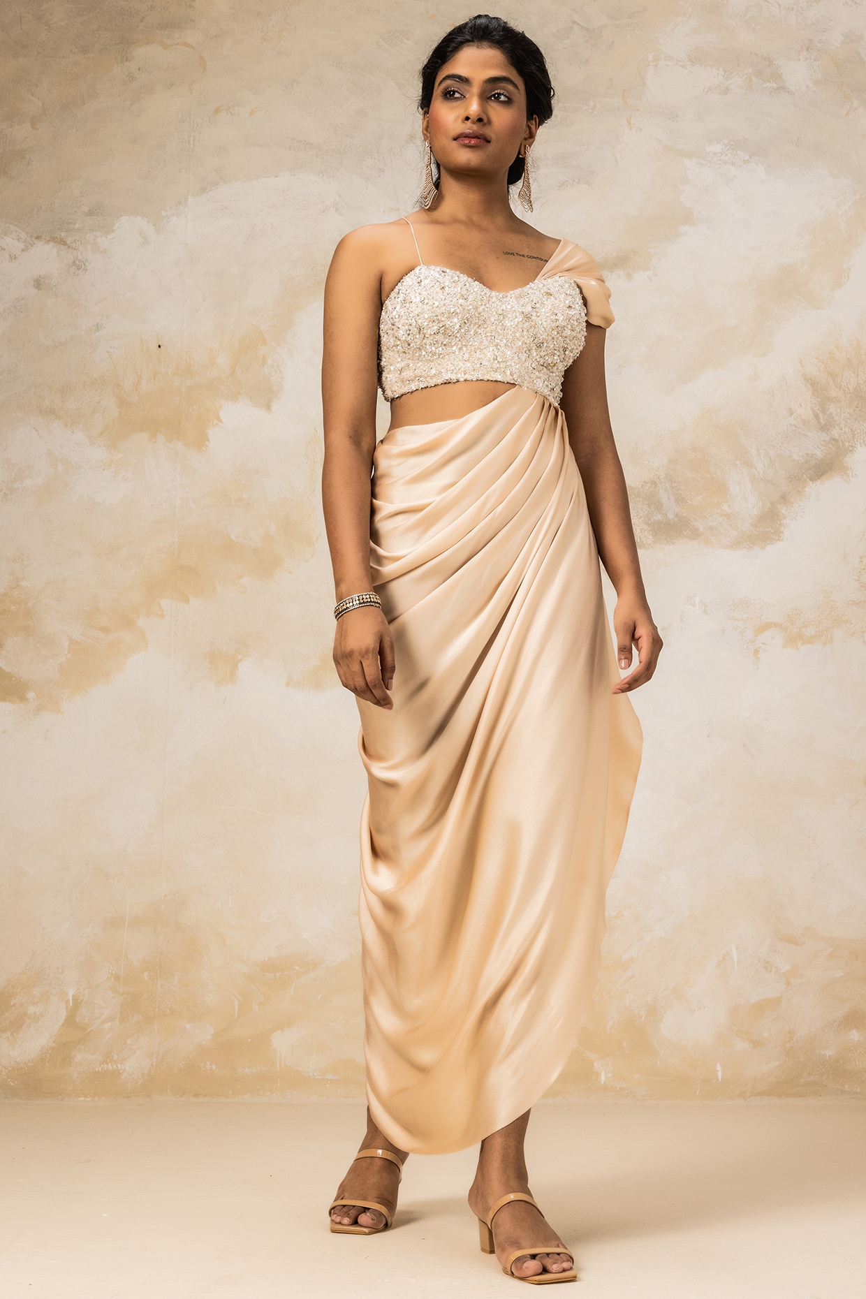 Peach Embroidered Draped Gown With Corset Blouse Design by COUTURE