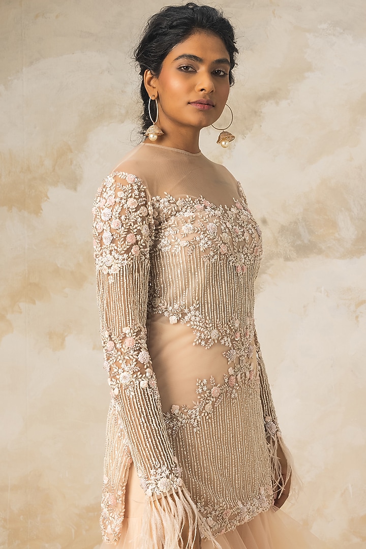 Peach Net Ruffled Bridal Sharara Set by COUTURE BY NIHARIKA at Pernia's Pop Up Shop