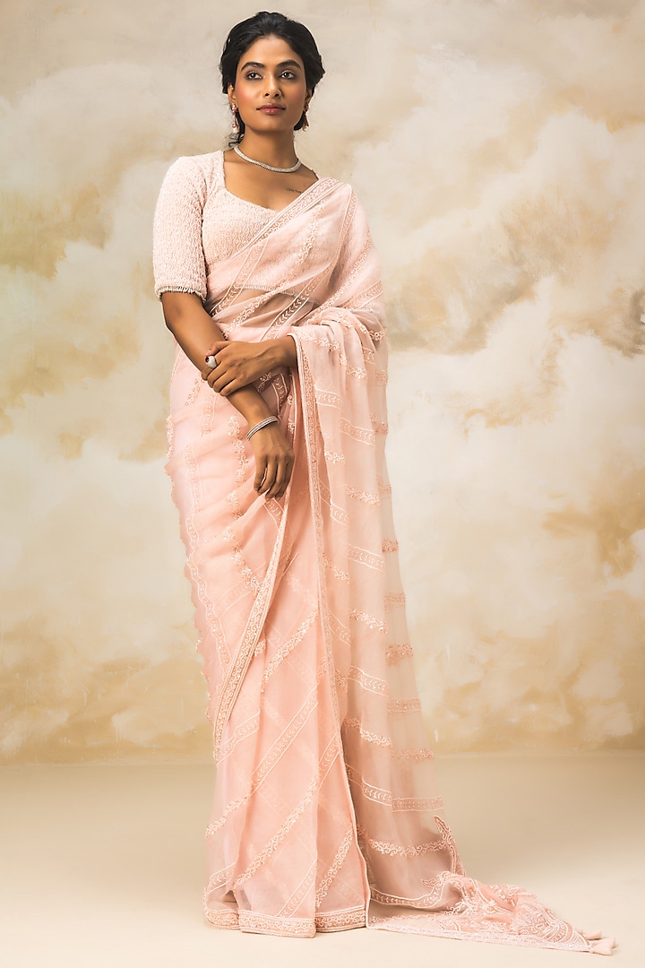 Peach Embroidered Saree Set by COUTURE BY NIHARIKA