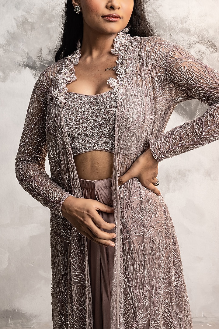 Dusty Purple Embroidered Jacket Set by COUTURE BY NIHARIKA at Pernia's Pop Up Shop
