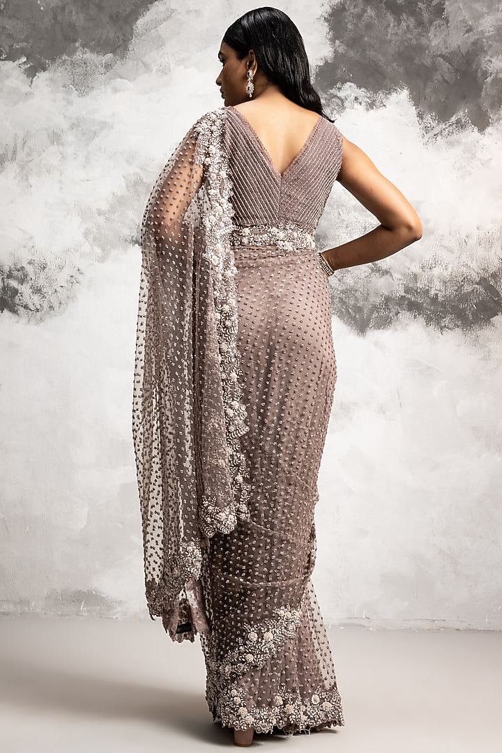 Dusty Purple Embroidered Reception Saree Set by COUTURE BY NIHARIKA at Pernia's Pop Up Shop