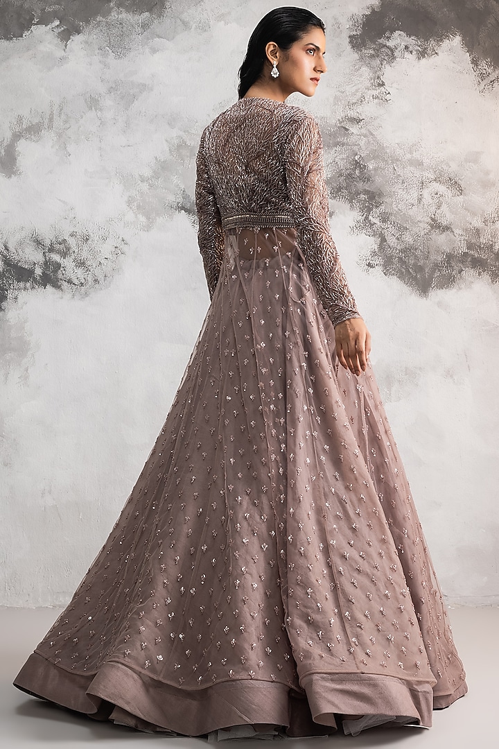 Dusty Purple Organza Embroidered Jacket Set by COUTURE BY NIHARIKA at Pernia's Pop Up Shop