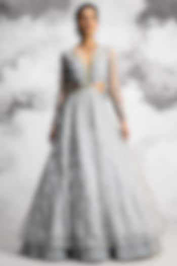 Powder Blue Organza Embroidered Bridal Lehenga Set by COUTURE BY NIHARIKA at Pernia's Pop Up Shop