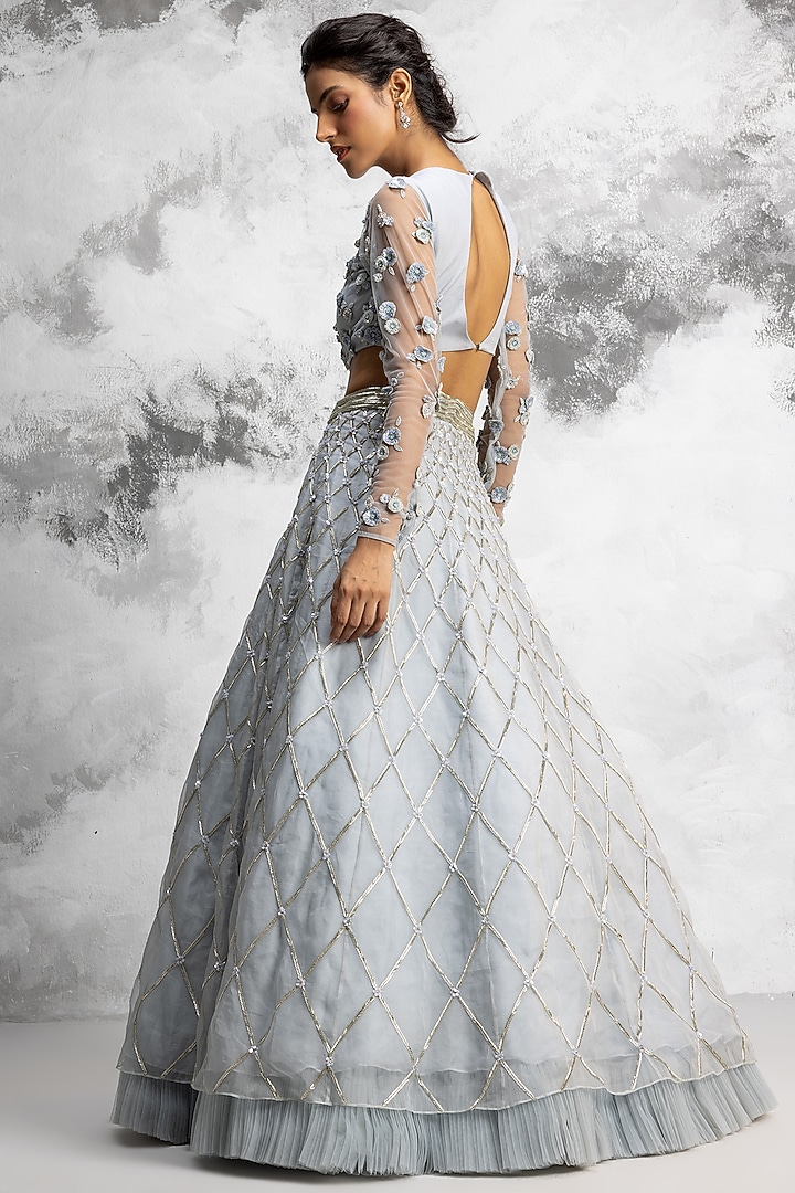 Powder Blue Organza Embroidered Bridal Lehenga Set by COUTURE BY NIHARIKA at Pernia's Pop Up Shop