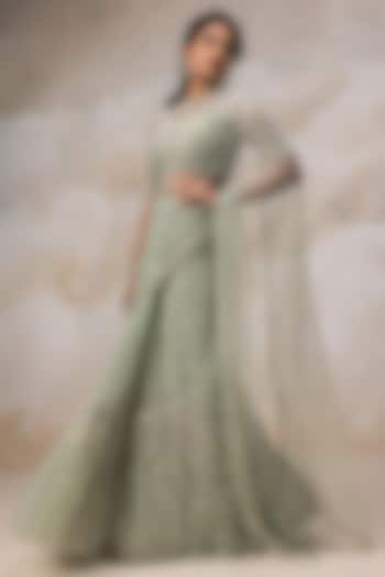 Mint Green Embroidered Reception Saree Set by COUTURE BY NIHARIKA at Pernia's Pop Up Shop