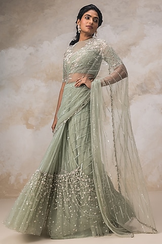 Mint Green Embroidered Saree Set by COUTURE BY NIHARIKA
