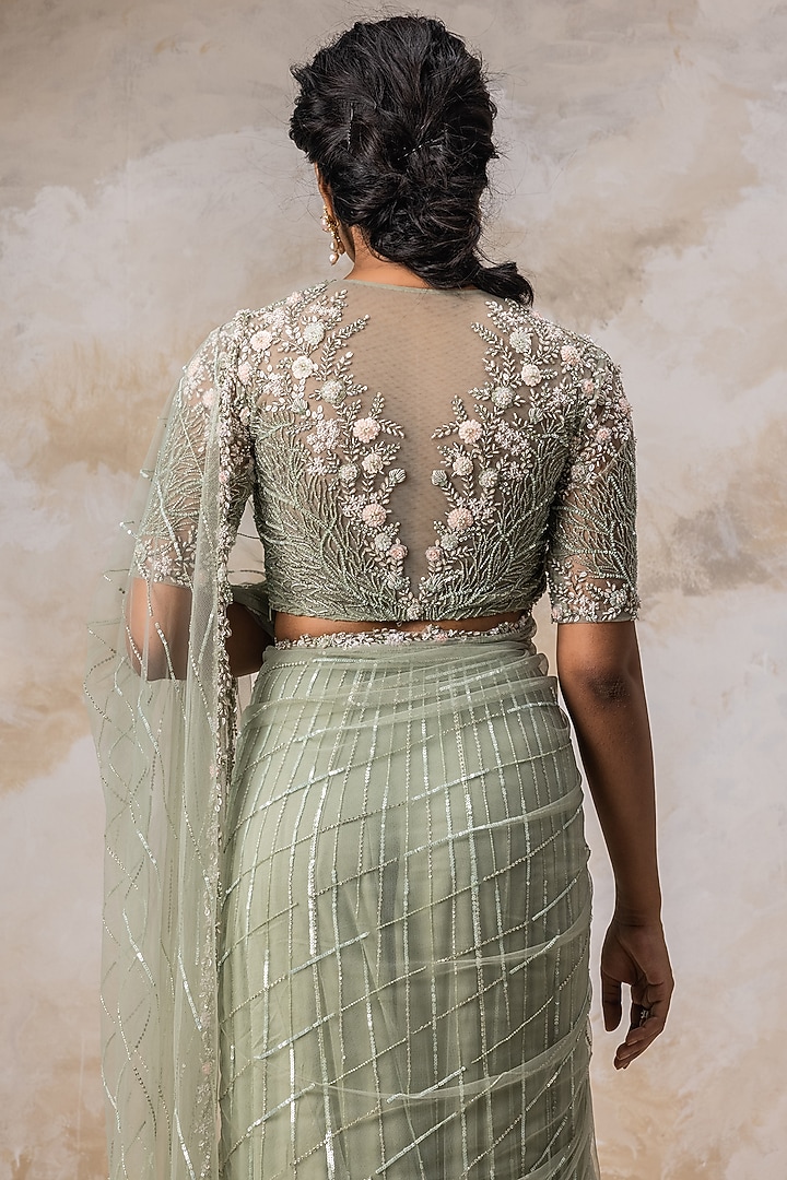 Mint Green Embroidered Reception Saree Set by COUTURE BY NIHARIKA at Pernia's Pop Up Shop