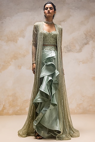 Mint Green Embroidered Jacket Set by COUTURE BY NIHARIKA