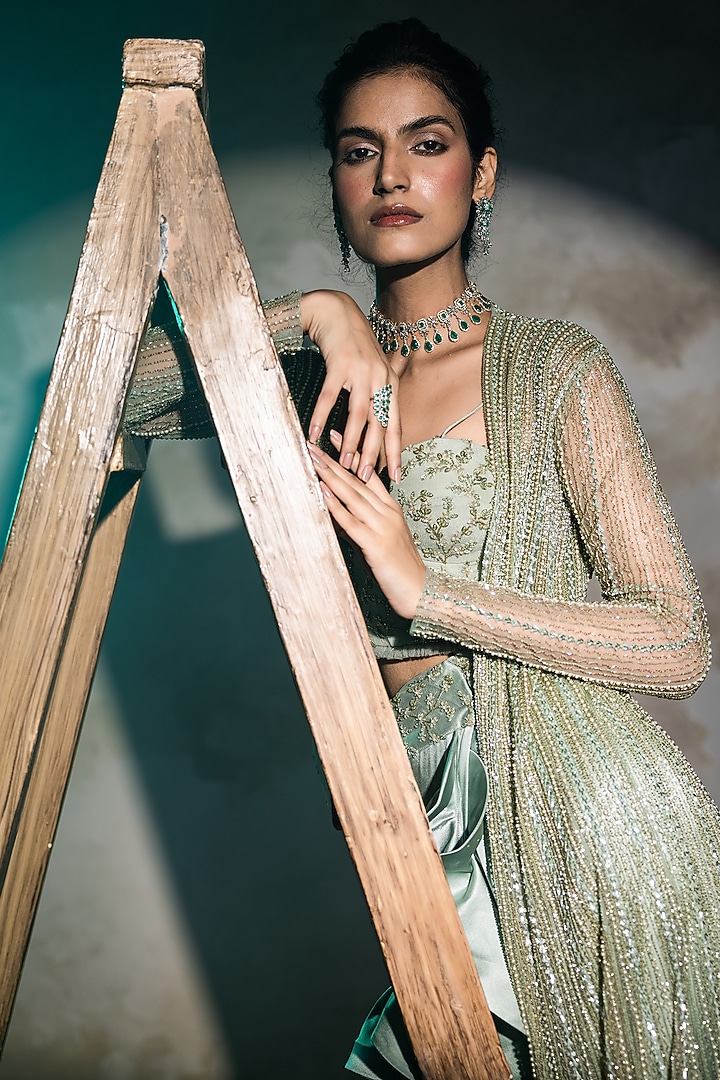 Mint Green Embroidered Jacket Set by COUTURE BY NIHARIKA at Pernia's Pop Up Shop