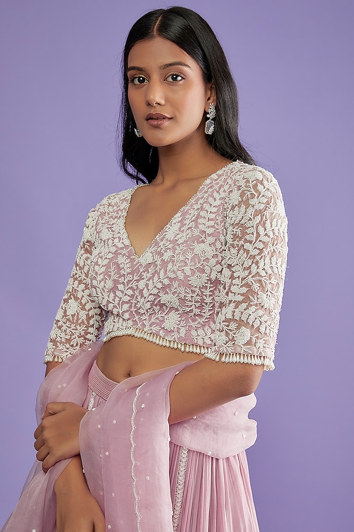 Lilac-Pink Chiffon Wedding Lehenga Set by COUTURE BY NIHARIKA at Pernia's Pop Up Shop