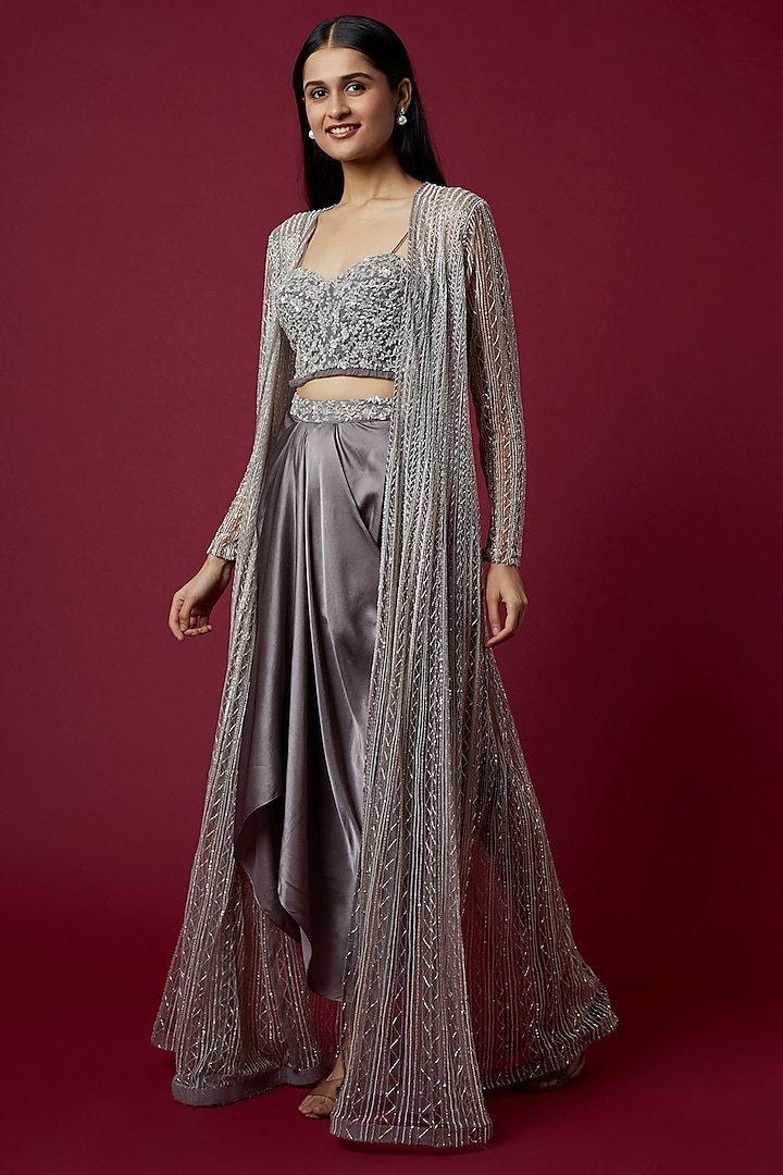 Grey Embroidered Kali Jacket Set by COUTURE BY NIHARIKA at Pernia's Pop Up Shop