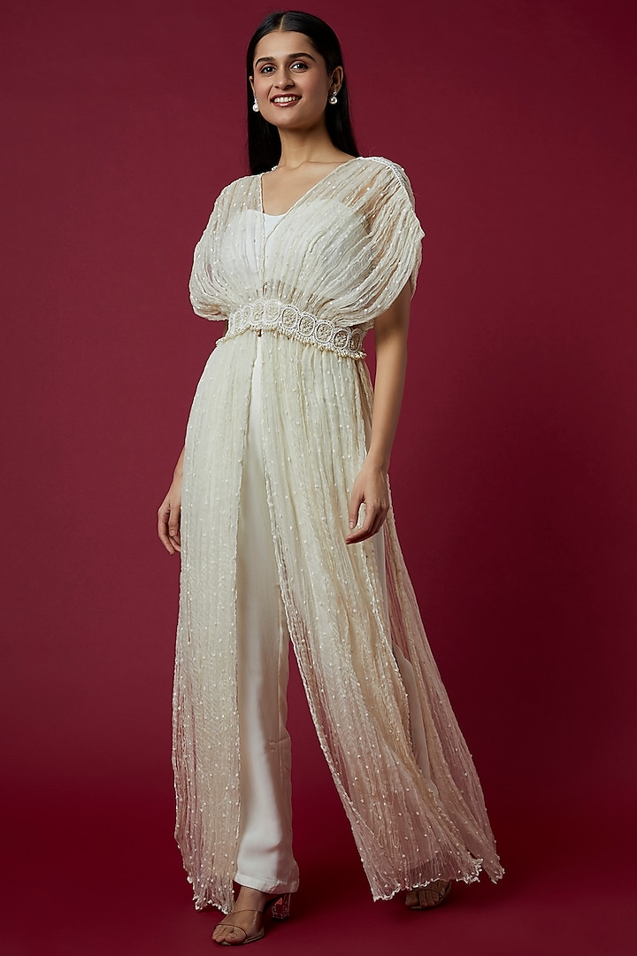White Embroidered Kaftan Cape Set by COUTURE BY NIHARIKA