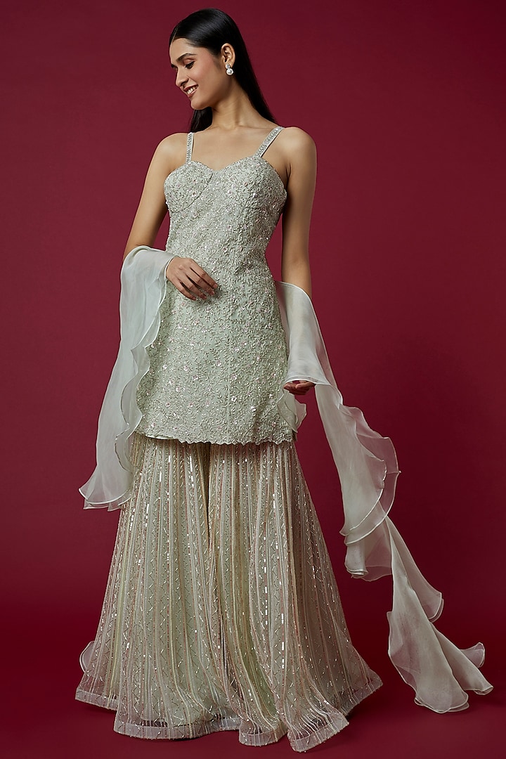 Mint Green Embroidered Sharara Set by COUTURE BY NIHARIKA