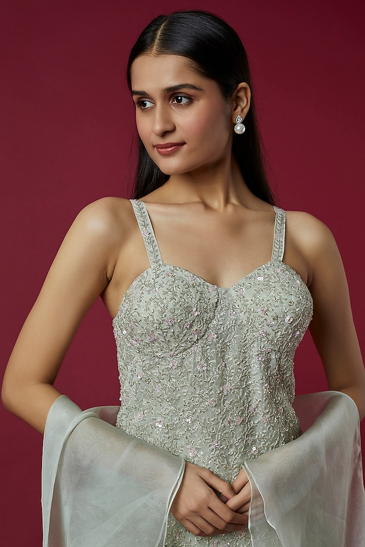 Mint Green Embroidered Bridal Sharara Set by COUTURE BY NIHARIKA at Pernia's Pop Up Shop