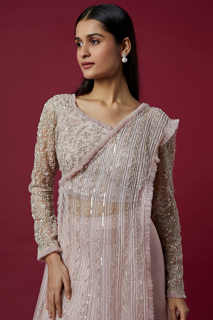 Powder Pink Organza Flared Wedding Lehenga Set by COUTURE BY NIHARIKA at Pernia's Pop Up Shop