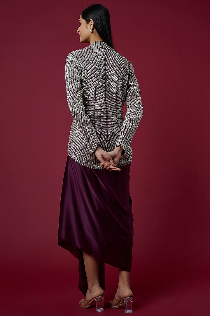 Wine Pure Satin Draped Skirt Set by COUTURE BY NIHARIKA at Pernia's Pop Up Shop