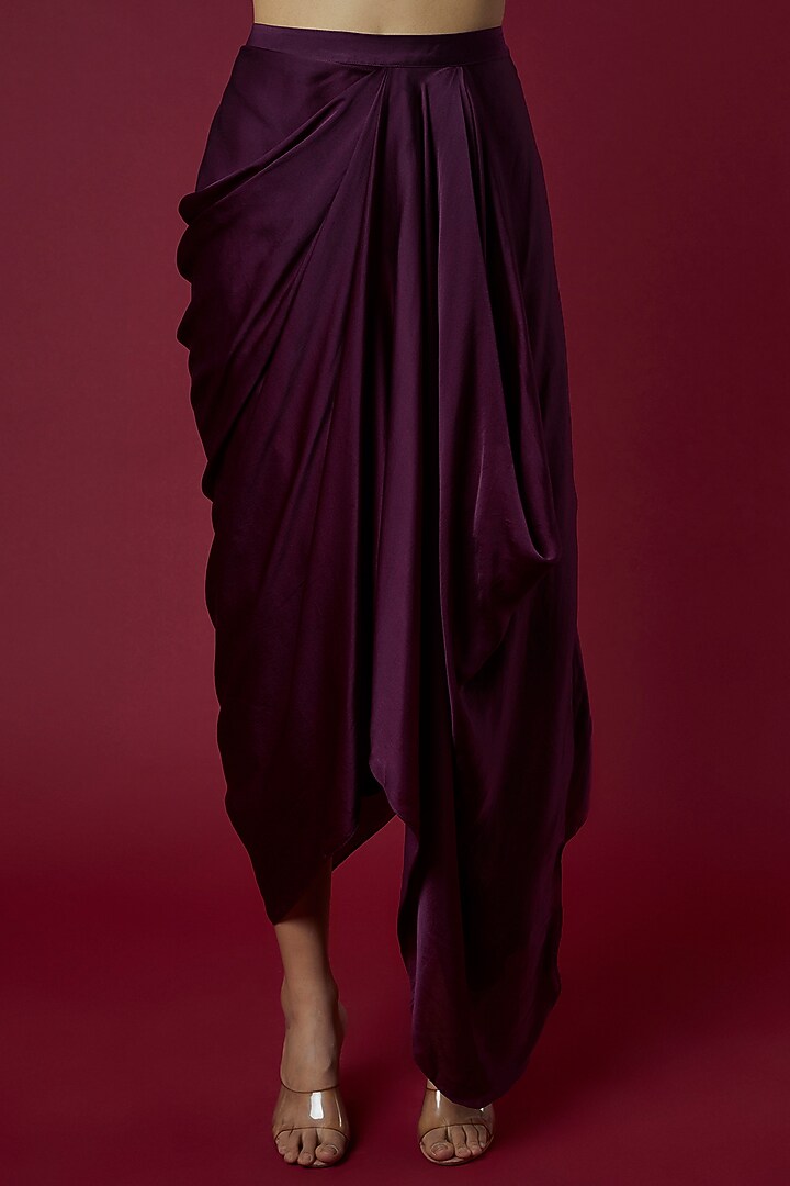Wine Pure Satin Draped Skirt Set by COUTURE BY NIHARIKA at Pernia's Pop Up Shop