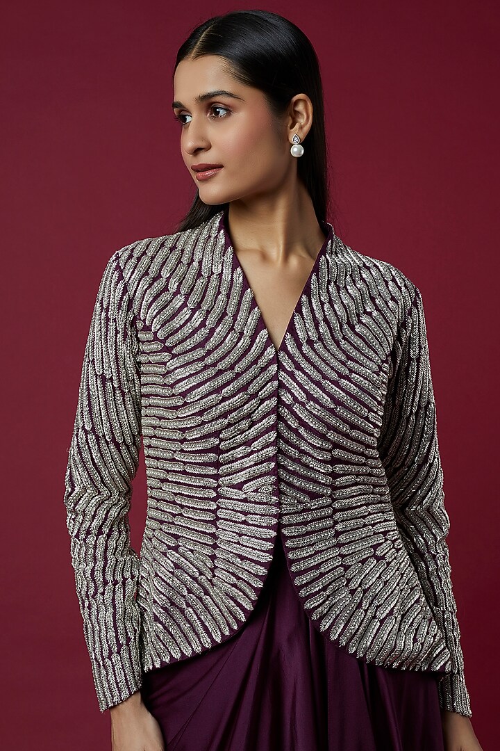 Wine Pure Satin Draped Skirt Set by COUTURE BY NIHARIKA at Pernia's Pop Up Shop