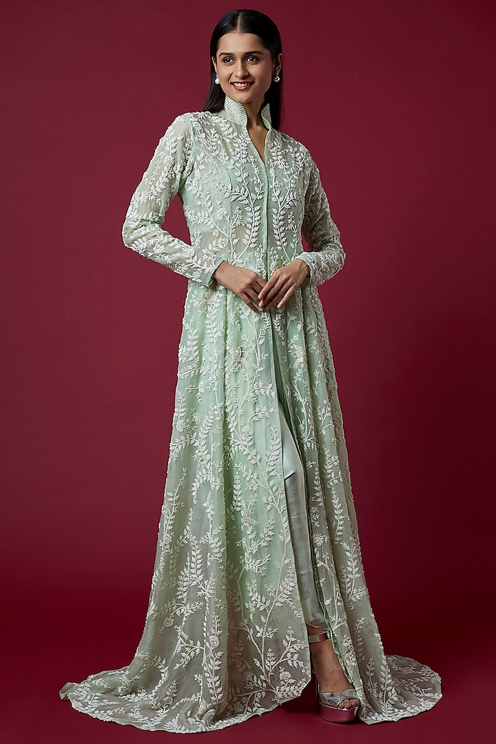 Green Organza & Habutai Embroidered Jacket Set by COUTURE BY NIHARIKA