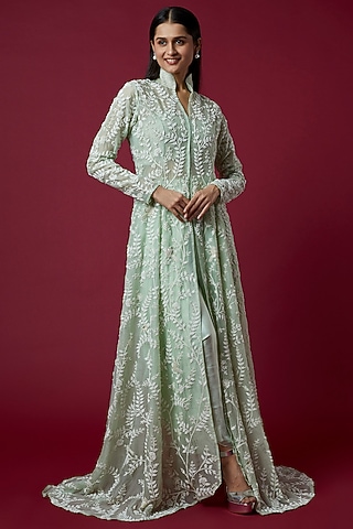 Green Organza & Habutai Embroidered Jacket Set by COUTURE BY NIHARIKA