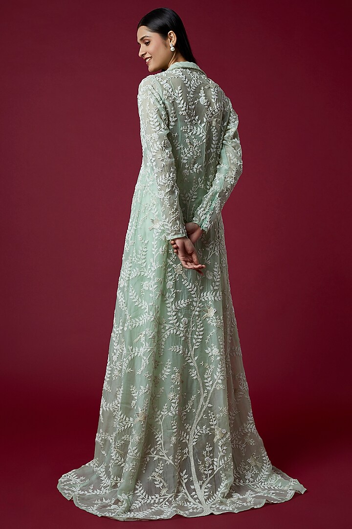 Green Organza & Habutai Embroidered Jacket Set by COUTURE BY NIHARIKA at Pernia's Pop Up Shop