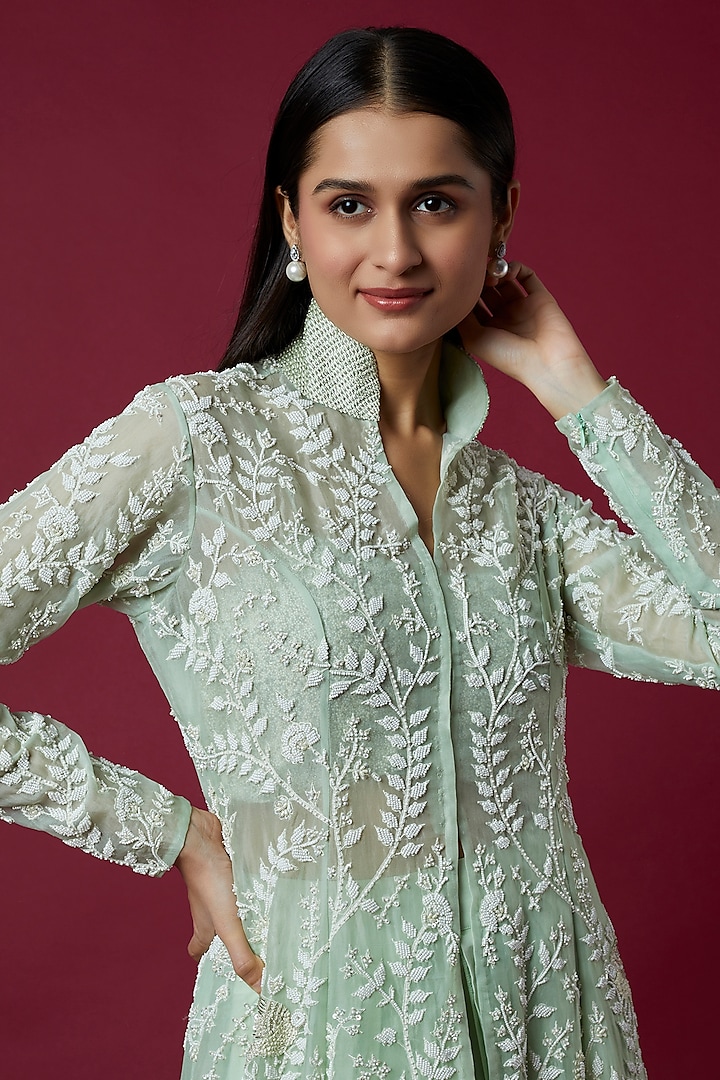 Green Organza & Habutai Embroidered Jacket Set by COUTURE BY NIHARIKA at Pernia's Pop Up Shop
