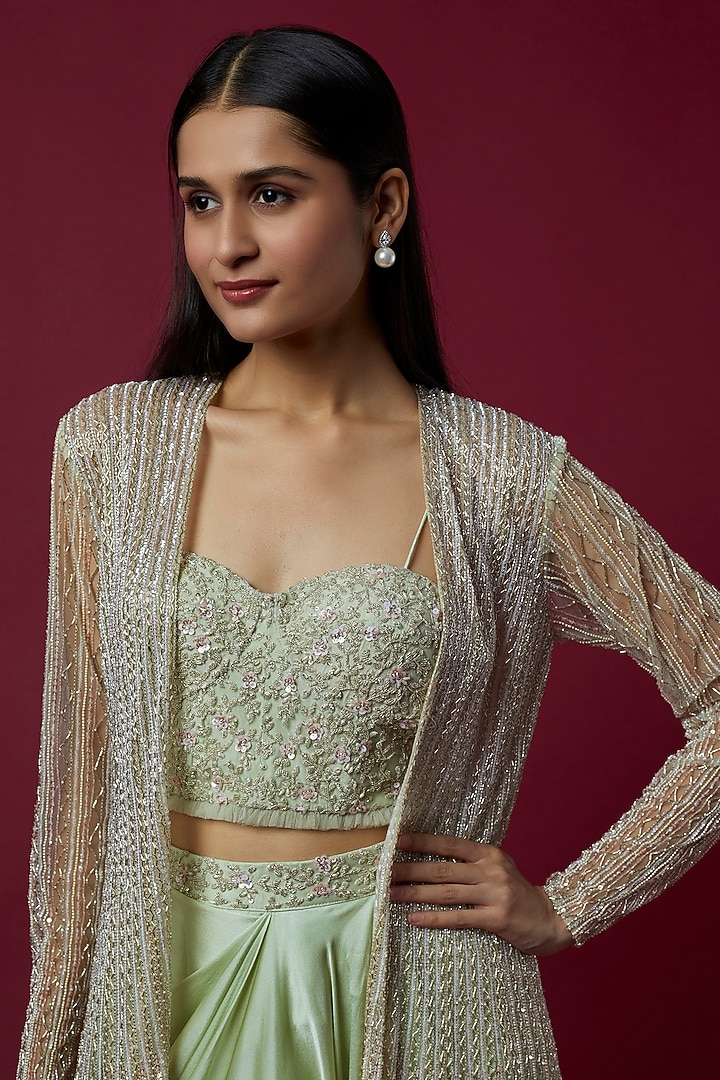 Mint Green Embroidered Kali Jacket Set by COUTURE BY NIHARIKA at Pernia's Pop Up Shop