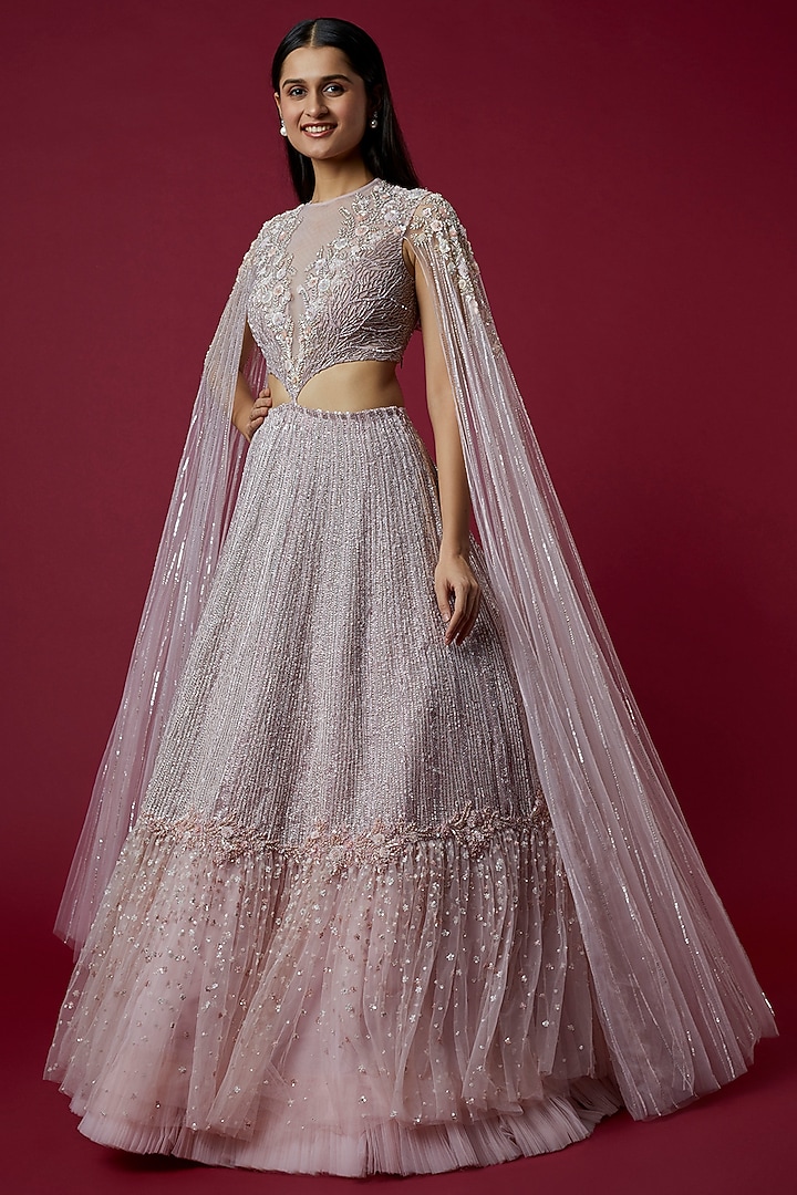 Lilac Pink Embroidered Bridal Lehenga Set by COUTURE BY NIHARIKA at Pernia's Pop Up Shop