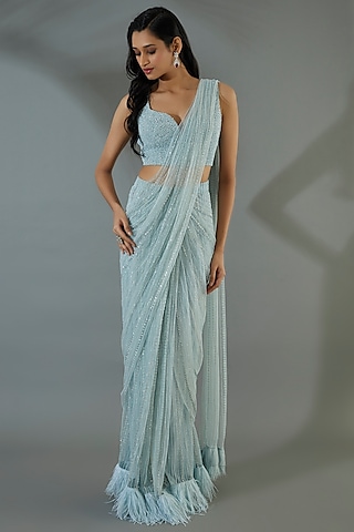 Powder Blue Embroidered Saree Set by COUTURE BY NIHARIKA