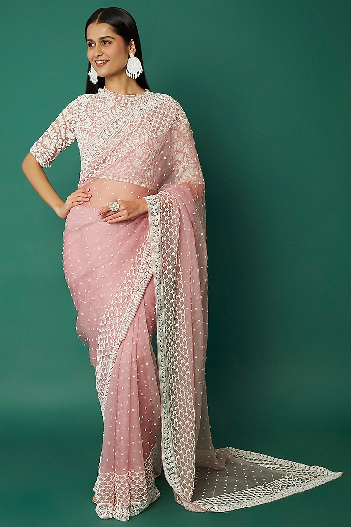 Lilac Pink Embroidered Saree Set by COUTURE BY NIHARIKA at Pernia's Pop Up Shop