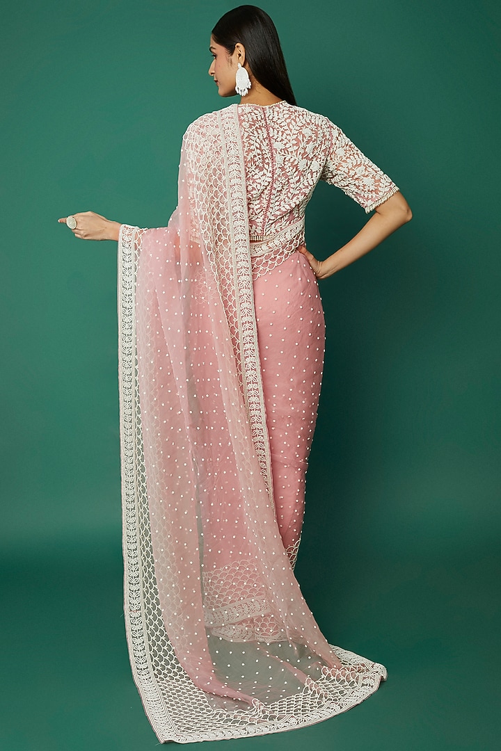 Lilac Pink Embroidered Reception Saree Set by COUTURE BY NIHARIKA at Pernia's Pop Up Shop