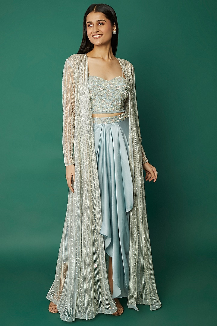 Powder Blue Embroidered Jacket Set by COUTURE BY NIHARIKA