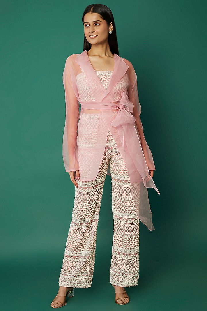 Lilac Pink Sheer Organza Jacket Set by COUTURE BY NIHARIKA at Pernia's Pop Up Shop