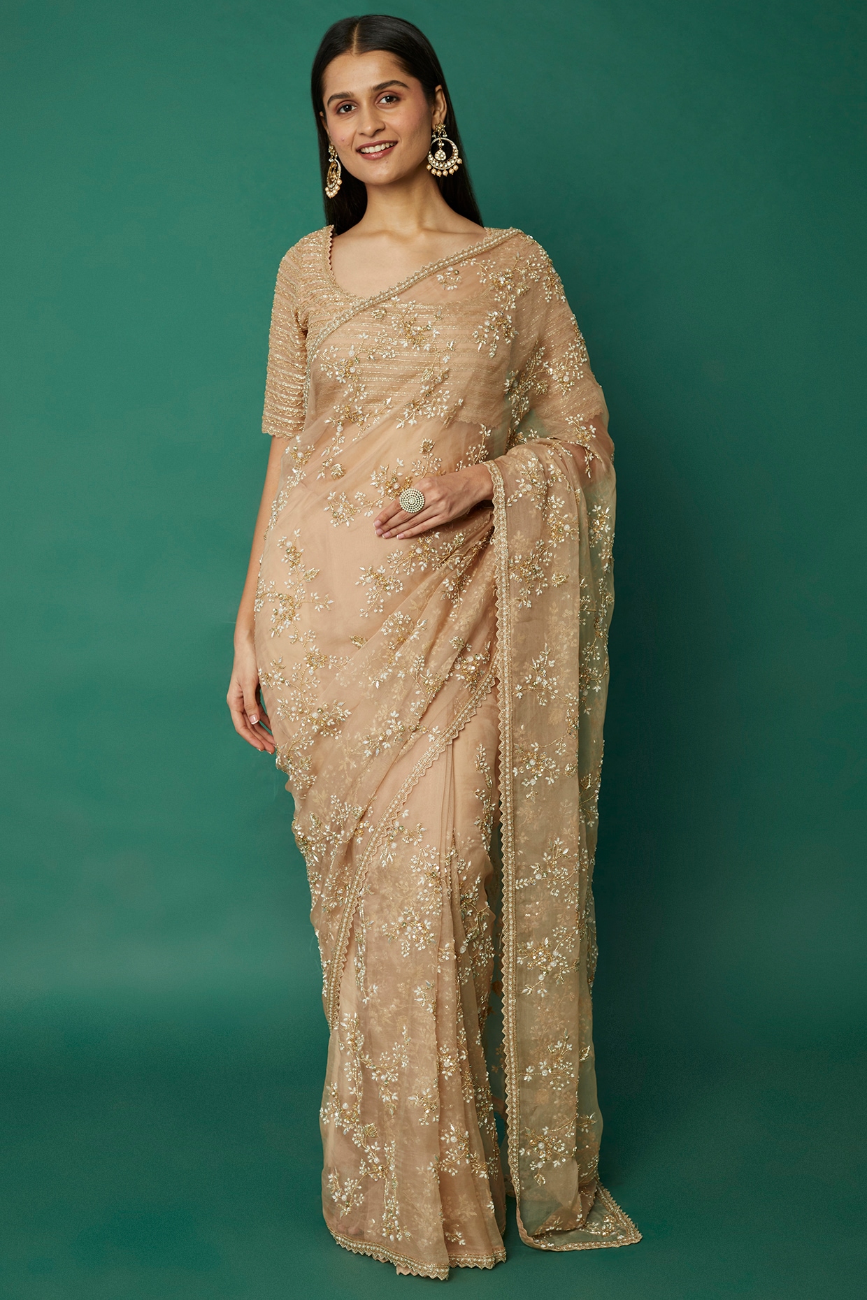 Beige Gold Parsi Gara Embroidered French Chantilly Lace Saree – Talking  Threads