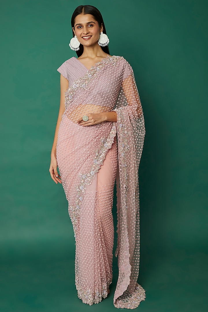 Lilac Pink Embroidered Saree Set by COUTURE BY NIHARIKA