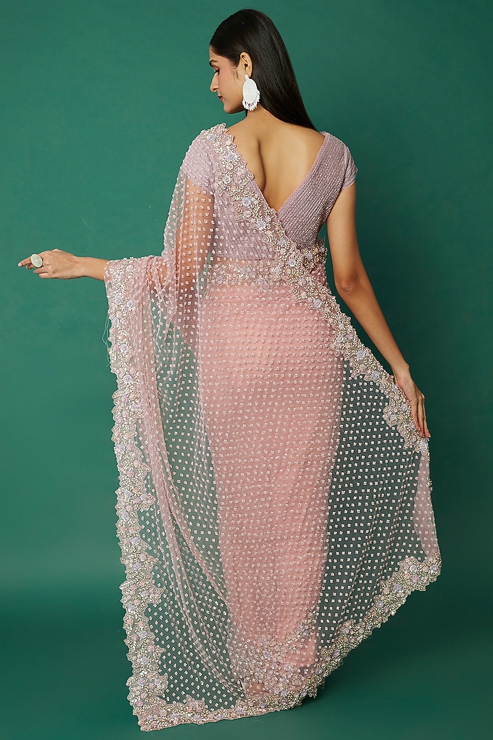 Lilac Pink Embroidered Reception Saree Set by COUTURE BY NIHARIKA at Pernia's Pop Up Shop