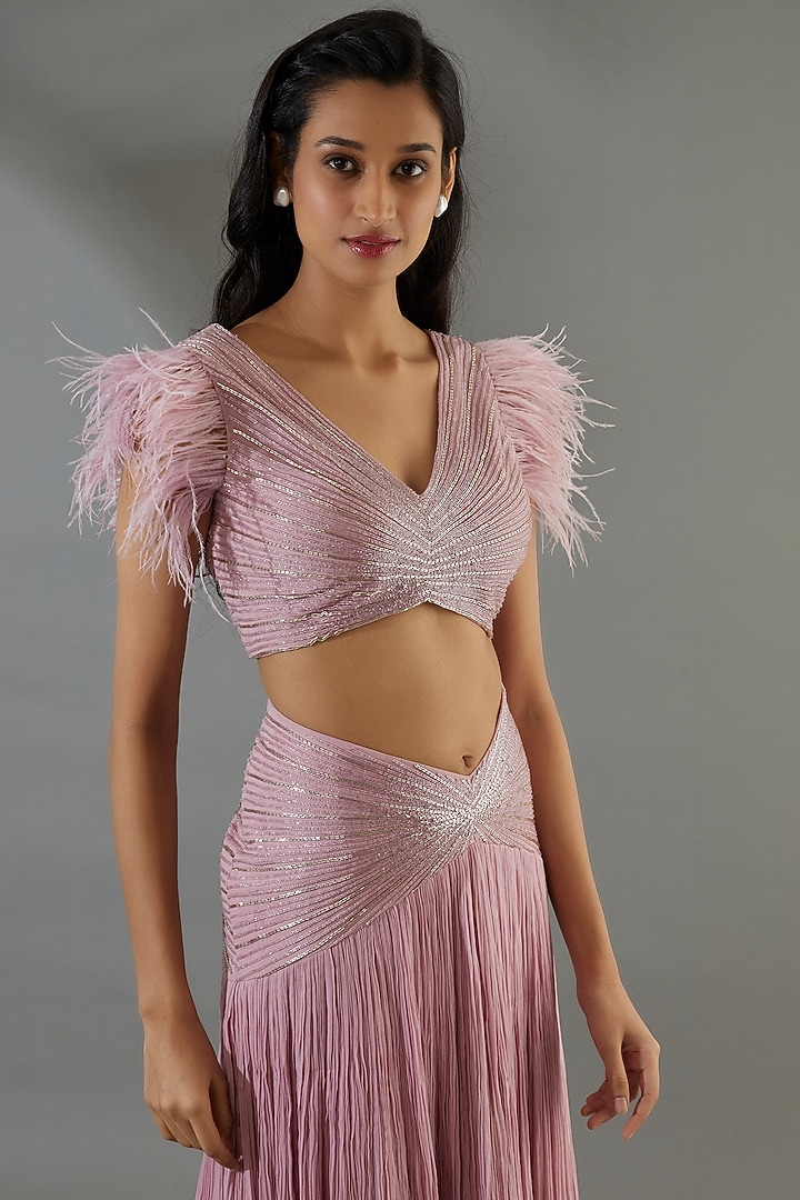 Lilac Pink Organza Embroidered Gathered Wedding Lehenga Set by COUTURE BY NIHARIKA at Pernia's Pop Up Shop