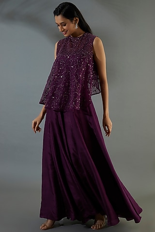 Wine Organza Jumpsuit With Cape by COUTURE BY NIHARIKA