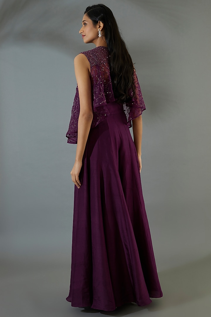 Wine Organza Jumpsuit With Cape by COUTURE BY NIHARIKA at Pernia's Pop Up Shop