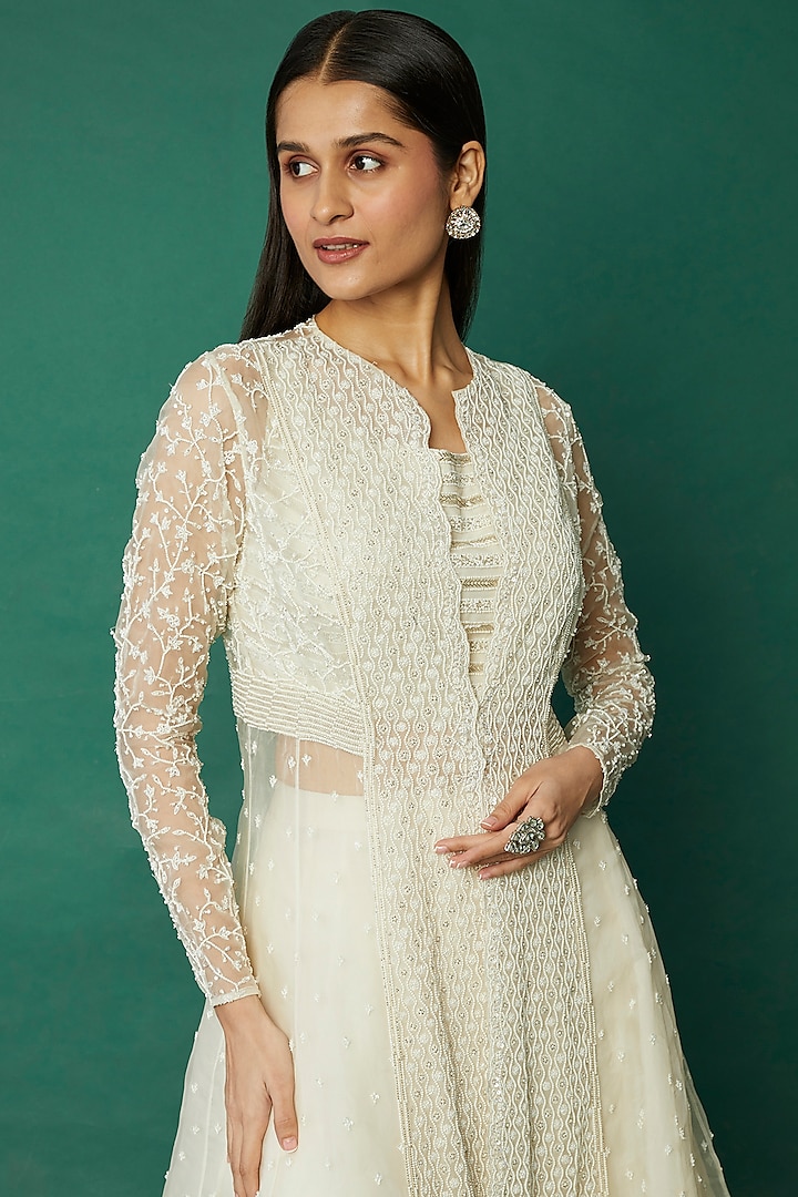 White Pearl Embroidered Jacket Set by COUTURE BY NIHARIKA at Pernia's Pop Up Shop