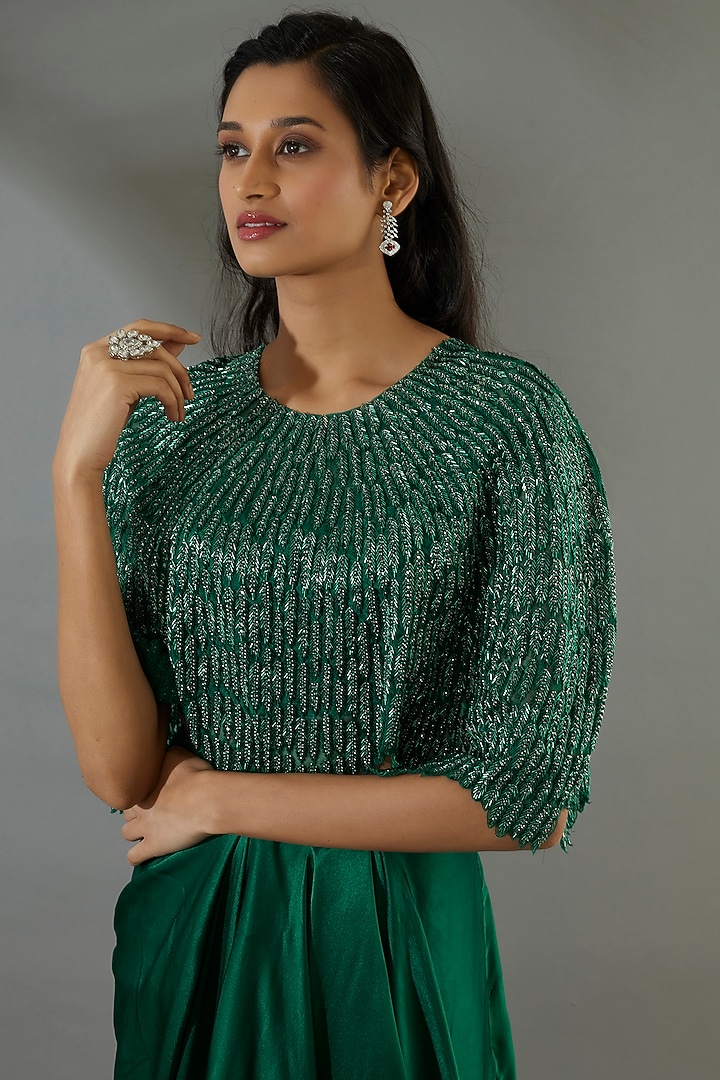 Emerald Green Satin Skirt Set by COUTURE BY NIHARIKA at Pernia's Pop Up Shop