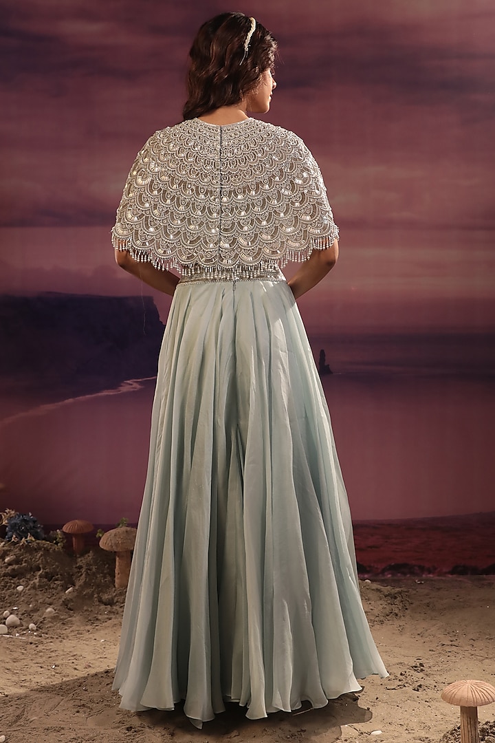 Powder Blue Organza Moti Embroidered Cape Set by COUTURE BY NIHARIKA at Pernia's Pop Up Shop