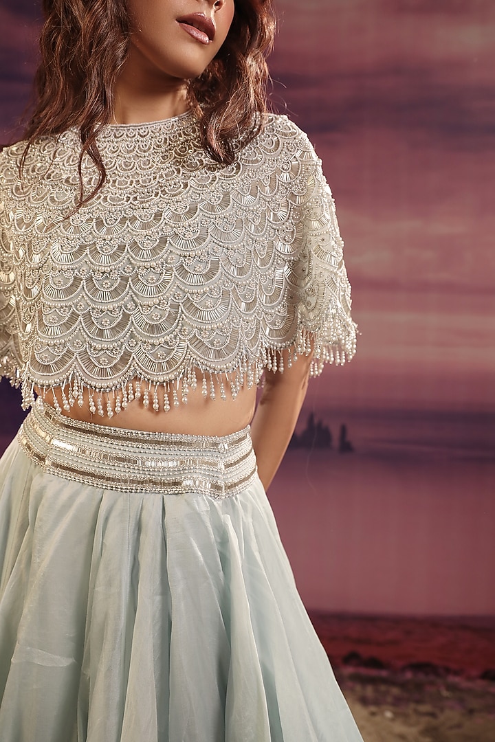 Powder Blue Organza Moti Embroidered Cape Set by COUTURE BY NIHARIKA at Pernia's Pop Up Shop