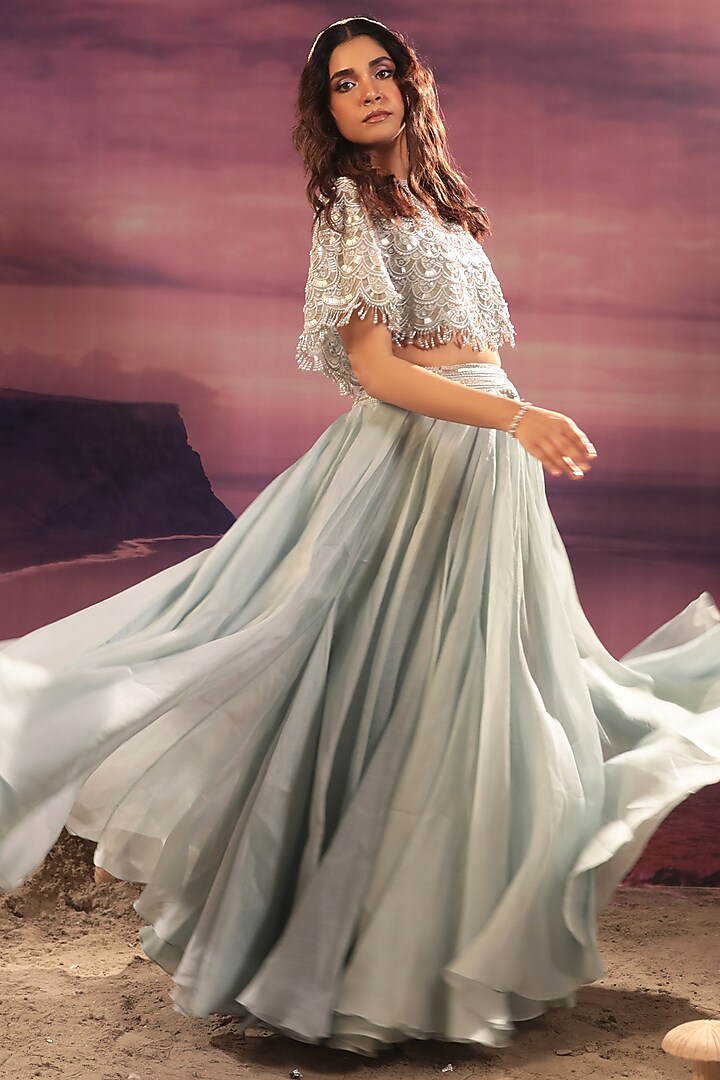 Powder Blue Organza Moti Embroidered Cape Set by COUTURE BY NIHARIKA at Pernia's Pop Up Shop