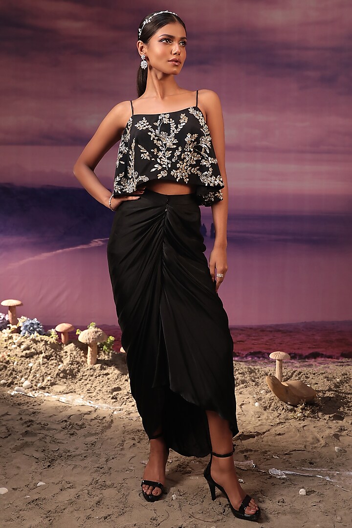 Black Satin & Crepe Draped Skirt Set by COUTURE BY NIHARIKA