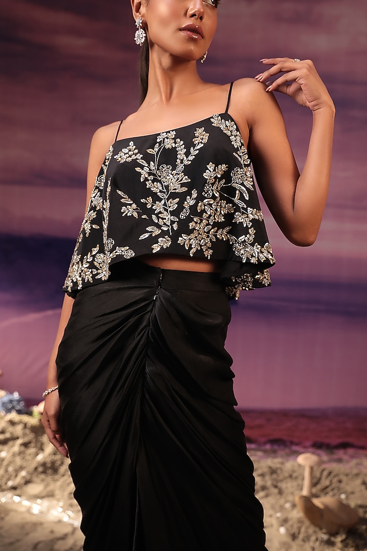 Black Satin & Crepe Draped Skirt Set by COUTURE BY NIHARIKA at Pernia's Pop Up Shop